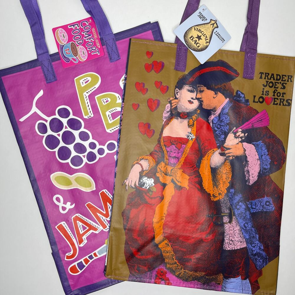 Set of 2 Trader Joe’s Illustrated Reusable Tote Bag COMFORT FOOD + WASHINGTON DC